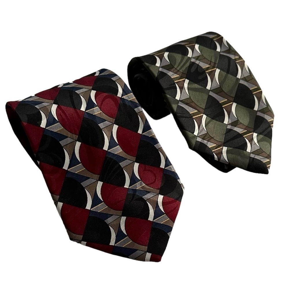 Oleg Cassini Tie Bundle Green Geometric & Red Geometric Prints 4” Wide